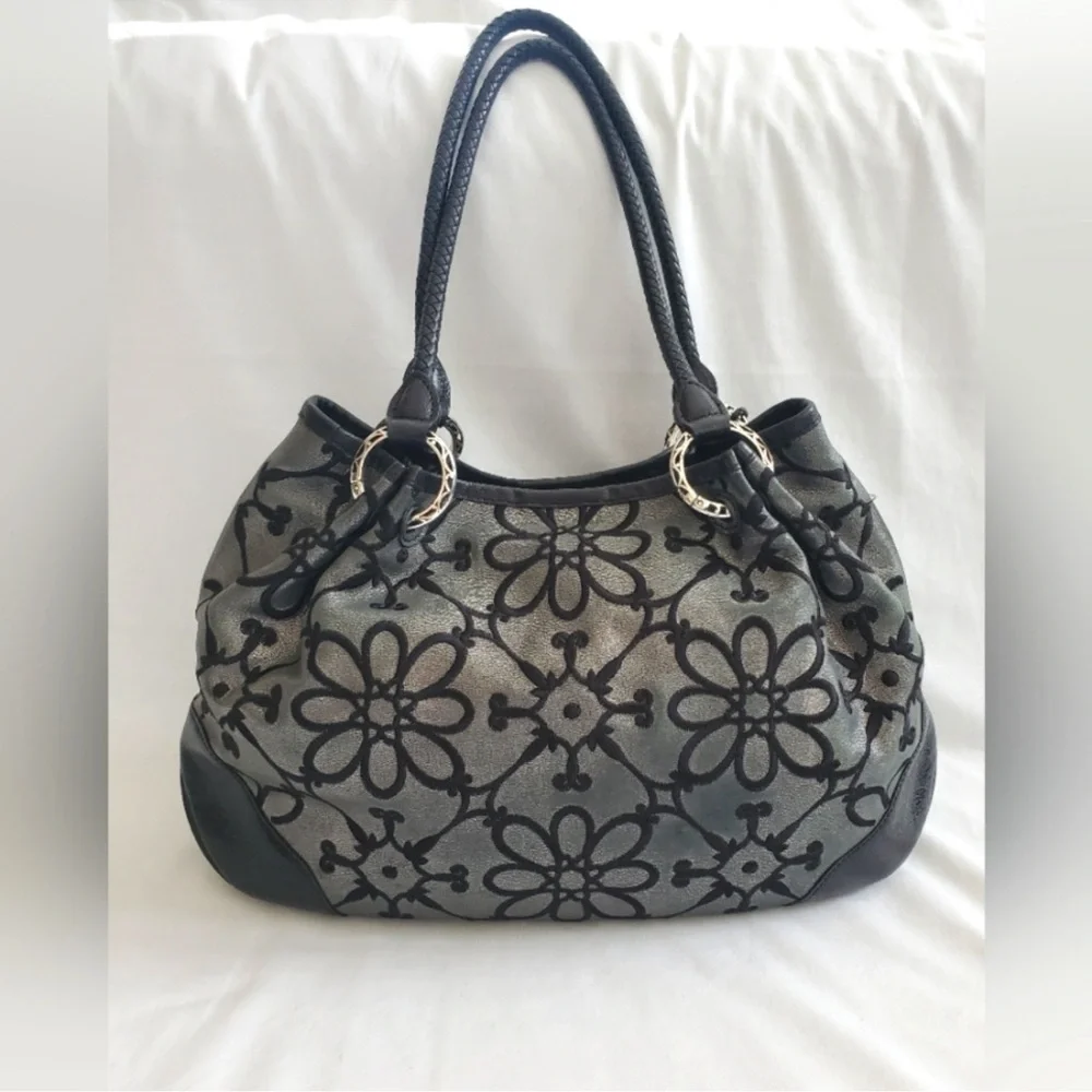 Brighton Valencia Gunmetal Pewter Floral Hobo Shoulder Handbag